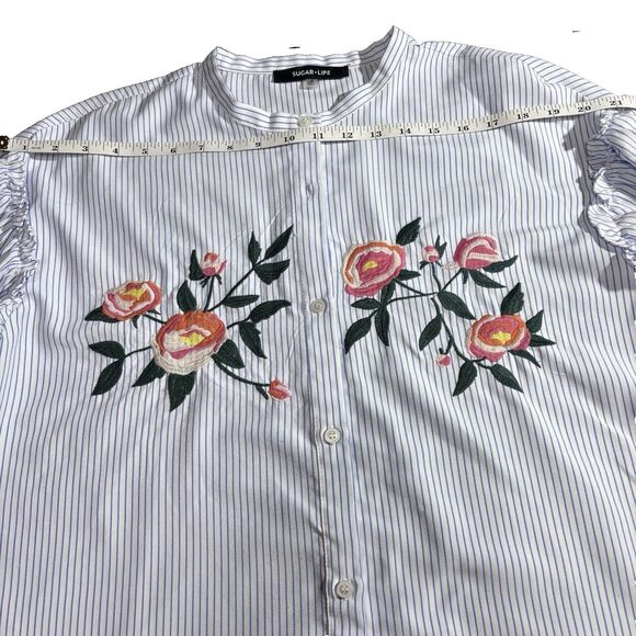 Sugar Lips Long Puff Sleeve Embroidered White with Stripe Button Down Shirt M - Picture 13 of 16